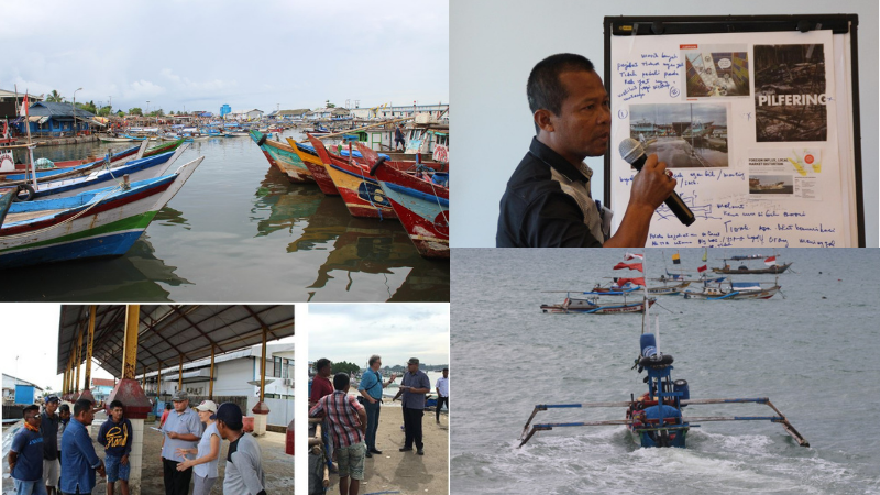 Collage of workshop photos in Indonesia with locals and our researchers